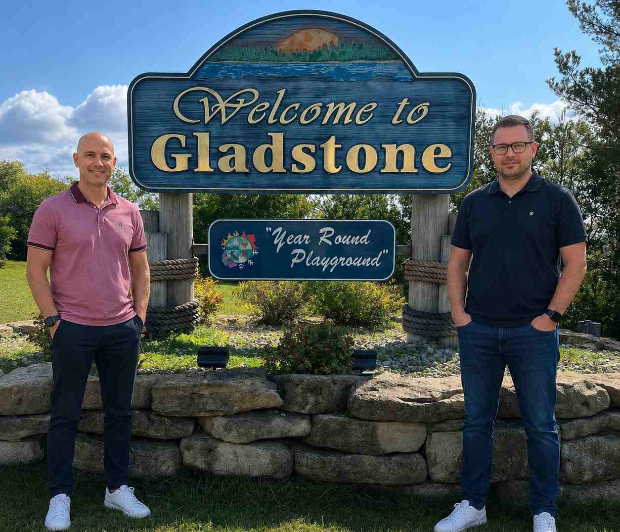 Brent and Adam standing next to welcome to Gladstone sign