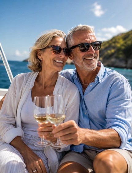 wealth management depicted by a retired couple enjoying champagne on a yacht - by BA Wealth
